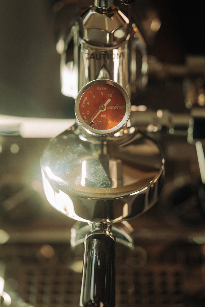 Profitec Drive espresso machine up close view of the flow control gauge lifestyle by clive coffee