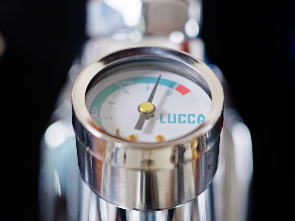 close up of the LUCCA E61 flow control gauge in action lifestyle by clive coffee